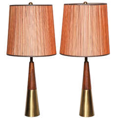 Retro Pair of 1950's Tony Paul for Westwood Walnut and Brass Conical Bedside Lamps