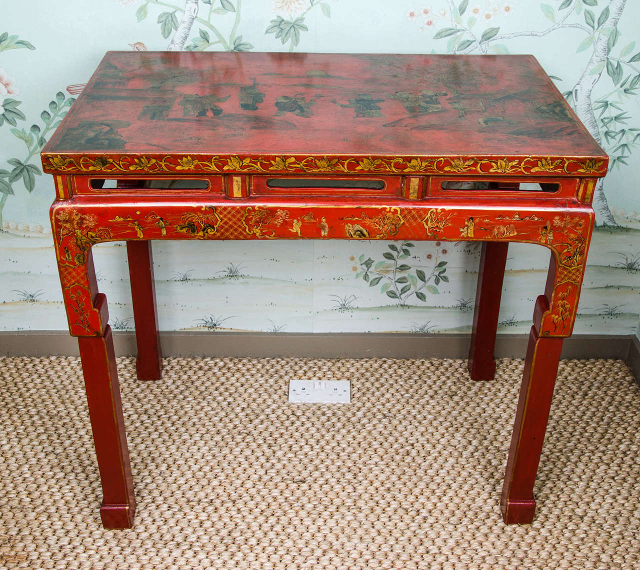 Large 19th Century Chinoiserie Red Lacquer Console Table