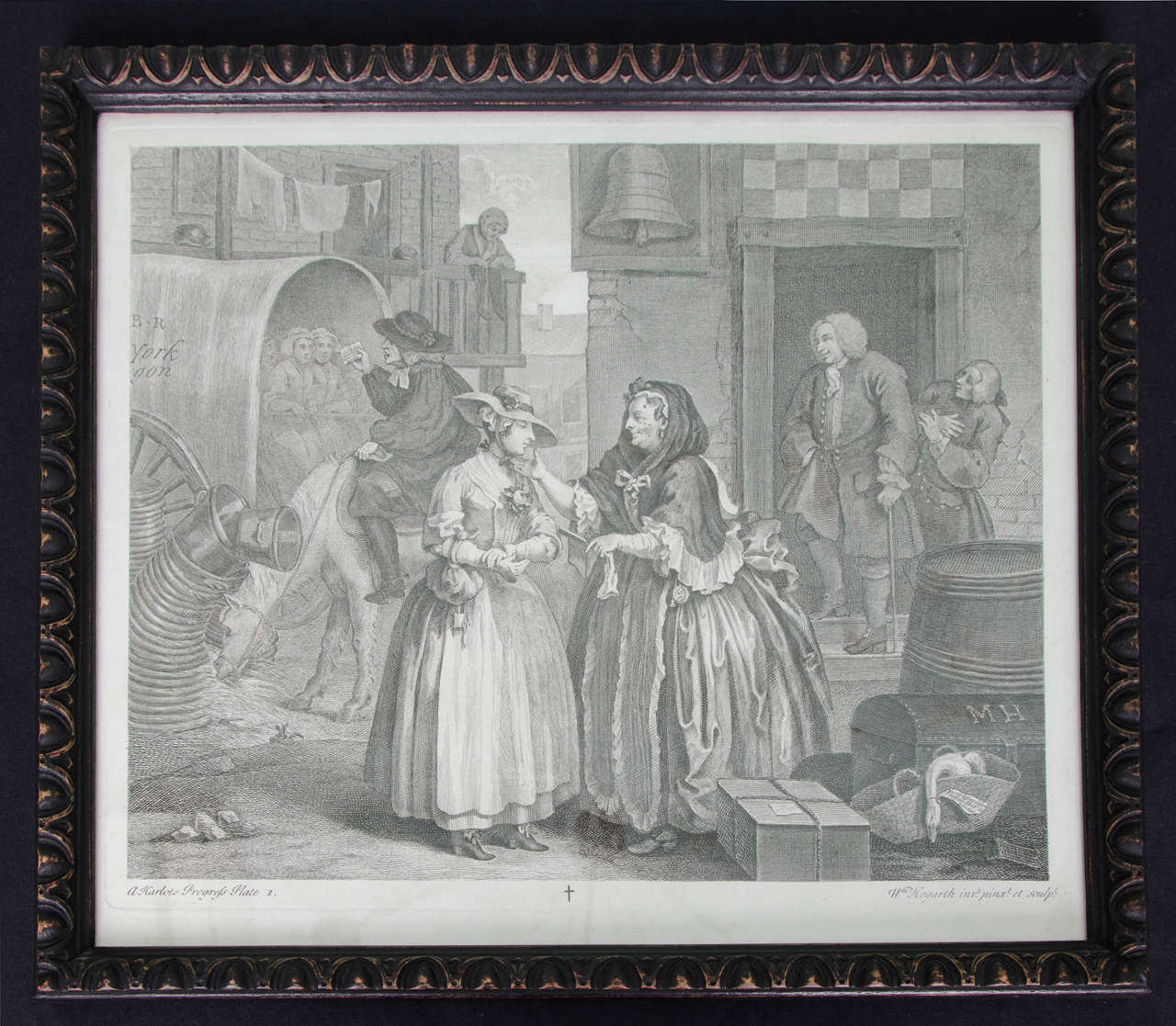 Complete set of William Hogarth's The harlot's Progress, 1732.
Painted and engraved by William Hogarth. This edition is the Heath edition of 1822.
Plate size: approx. 15 1/2 x 12 1/2 inches. Framed in egg and dart wood carved frames.
Condition: