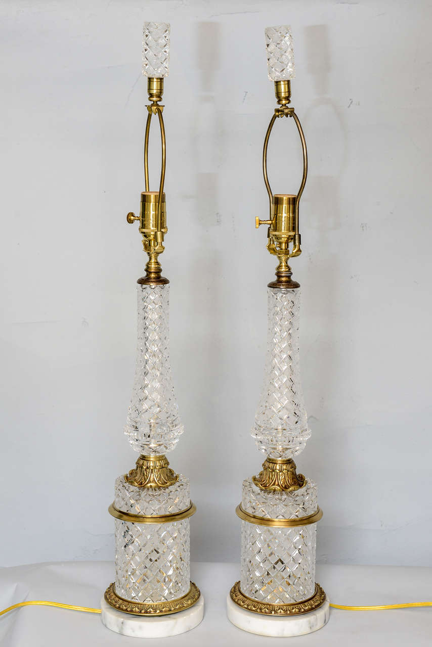 Carrara Marble Fine Pair of Cut Crystal Table Lamps For Sale