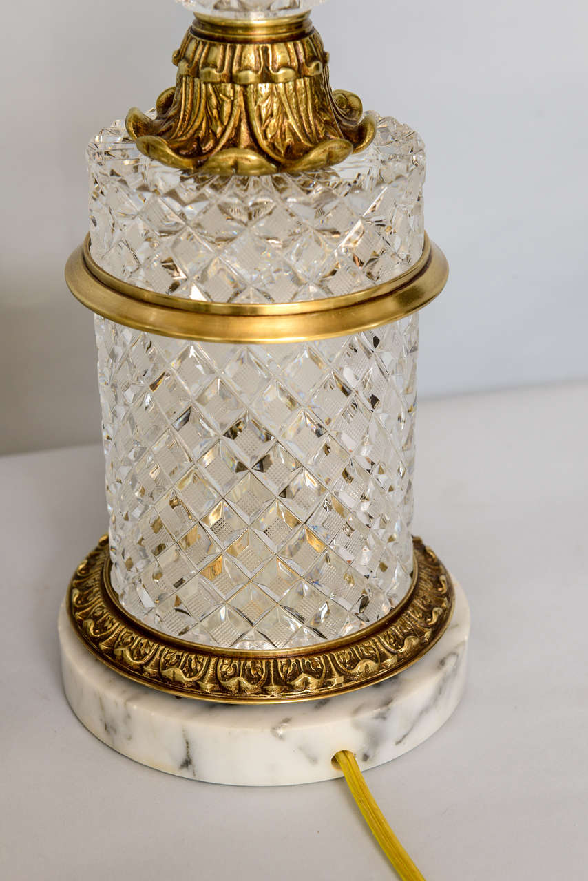 Carrara Marble Fine Pair of Cut Crystal Table Lamps For Sale