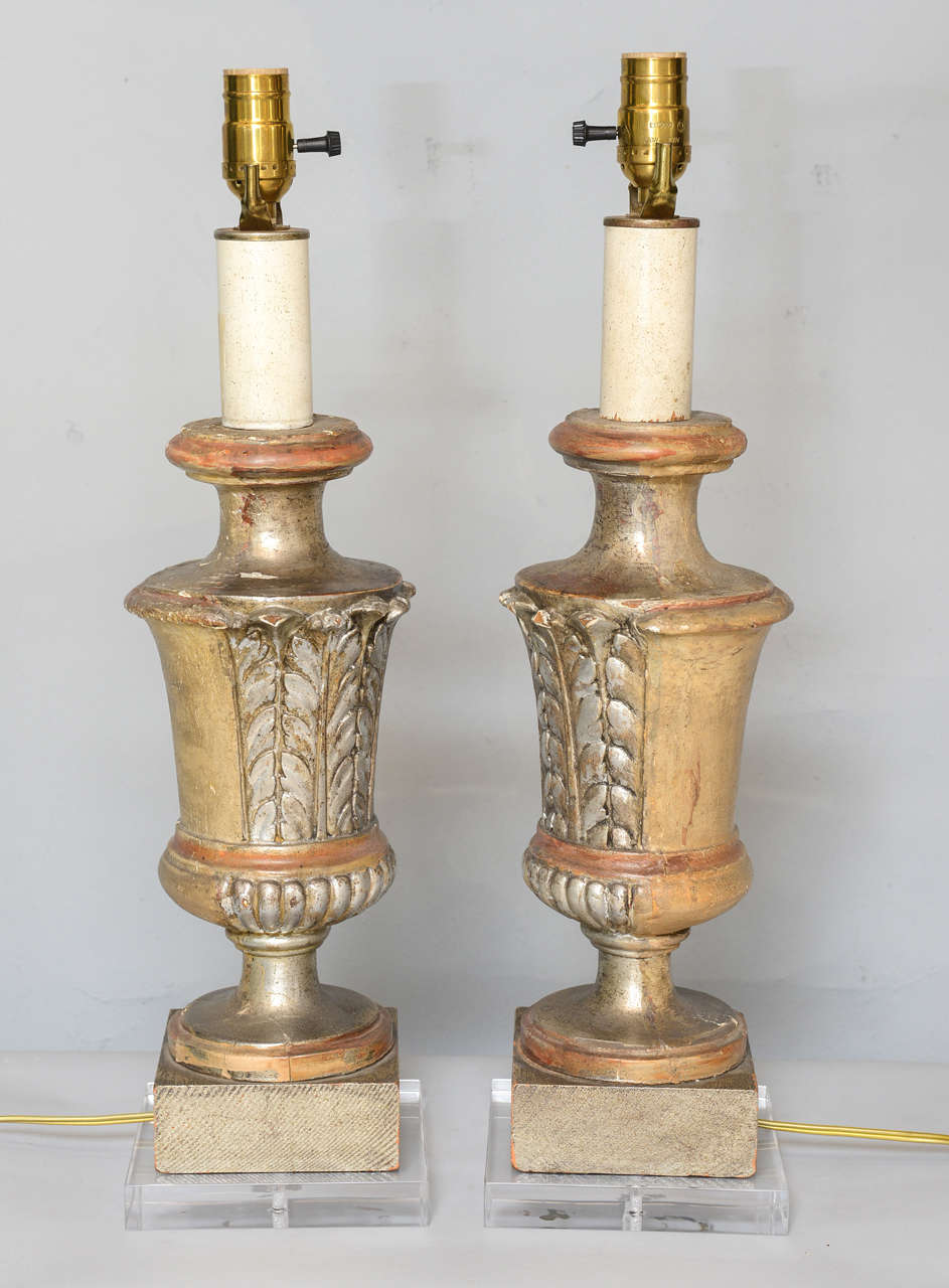 Italian Pair of Early 19th C. Silvergilt Fragment Lamps on Lucite Bases For Sale