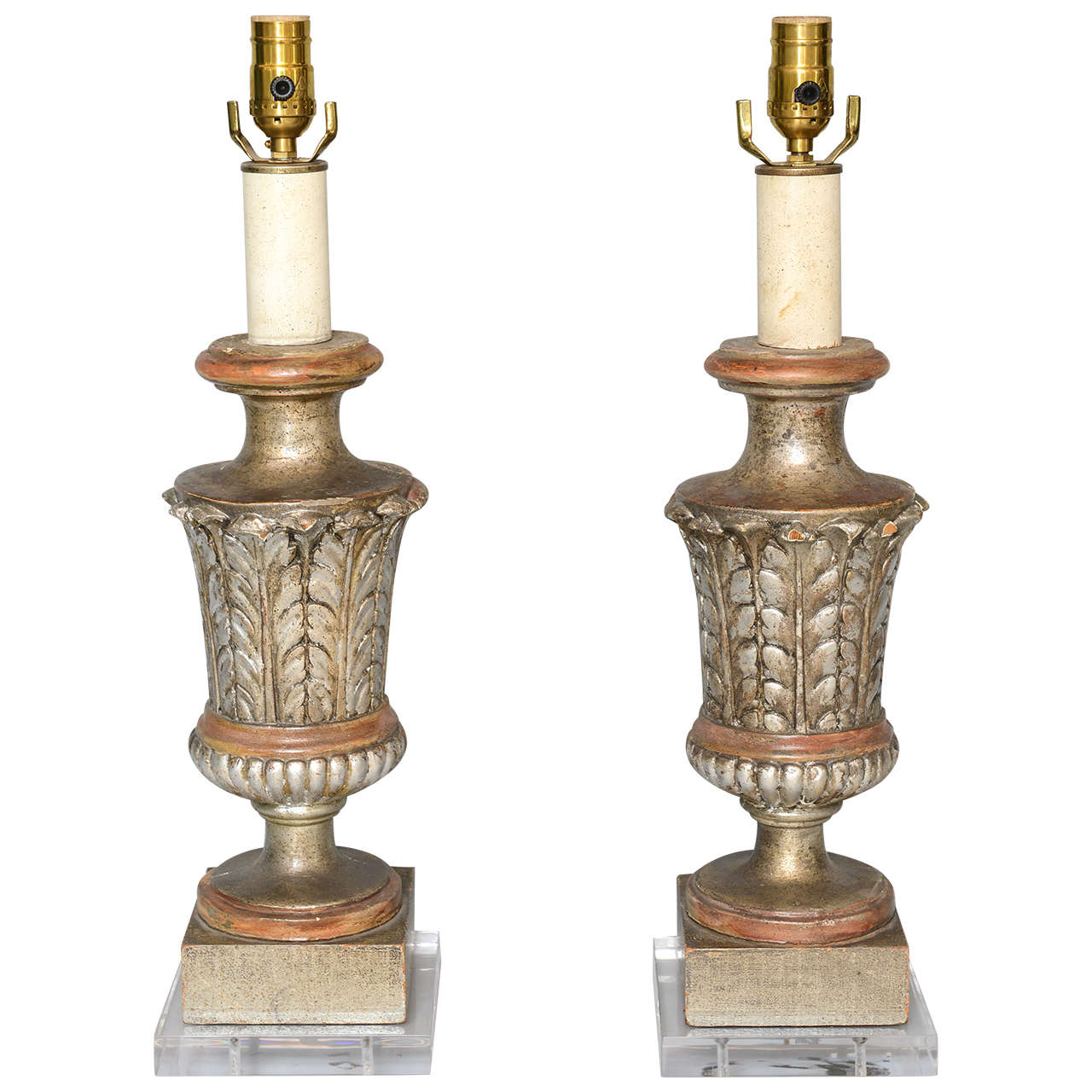 Pair of Early 19th C. Silvergilt Fragment Lamps on Lucite Bases For Sale