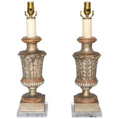 Antique Pair of Early 19th C. Silvergilt Fragment Lamps on Lucite Bases