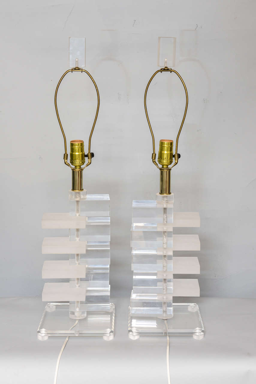 Pair of Stacked Block Form Lucite Lamps 1