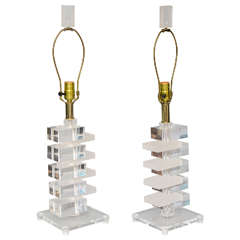 Pair of Stacked Block Form Lucite Lamps