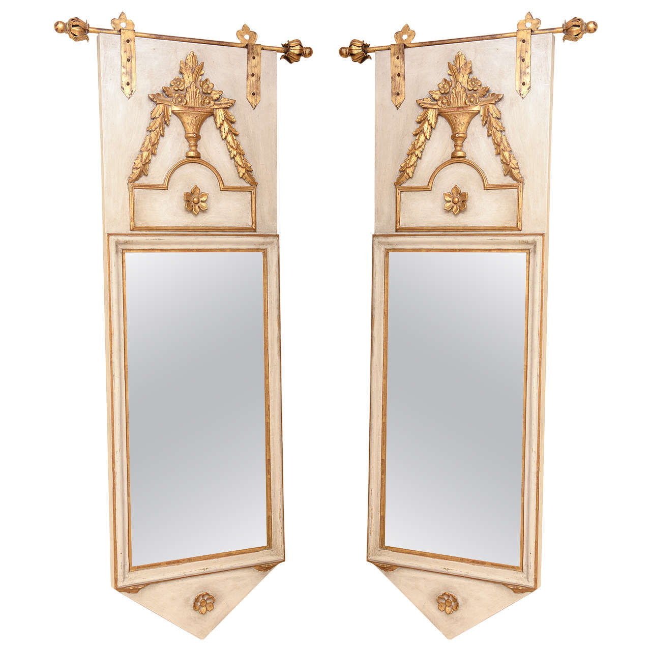 Pair of "Banner" Italian Wall Mirrors on Gilded Iron Hanging Bars