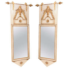 Pair of "Banner" Italian Wall Mirrors on Gilded Iron Hanging Bars