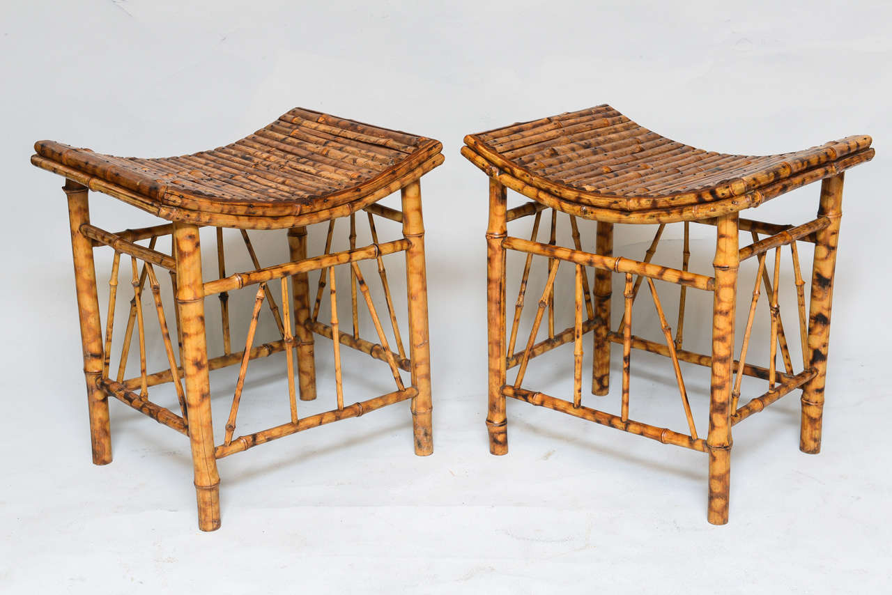 Pair of Victorian Burnt Bamboo Stools, 19th Century In Excellent Condition In West Palm Beach, FL