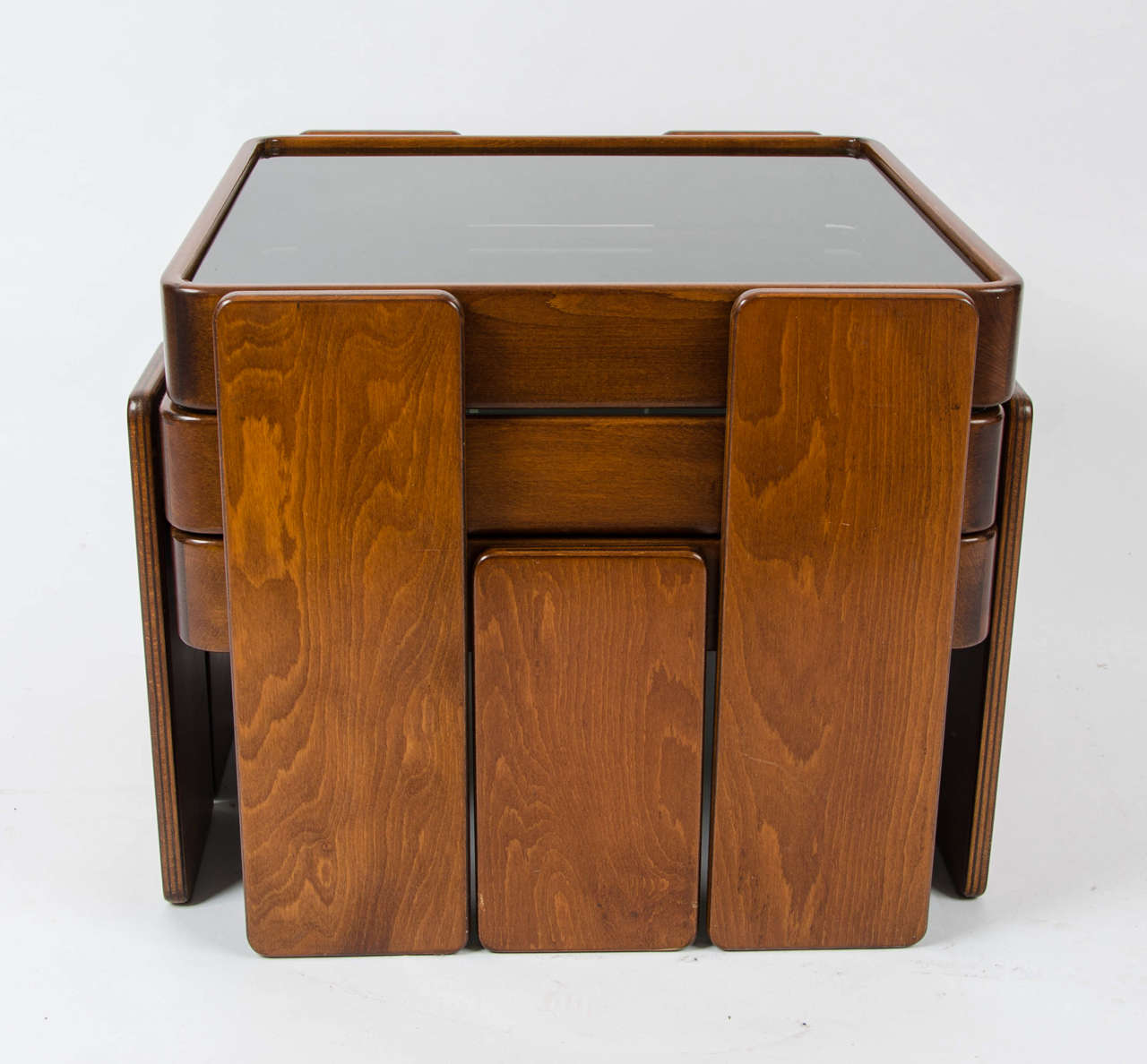 Set of three stacking coffee table made in Italy 1960-1969
designed by Gianfranco Frattini for Cassina 
Sizes:Higher H.46cm W.58cm D.54cm
         Medium: H.38cm W58cm D.54cm
         Lower:  H.30cm W.58cm D.58cm