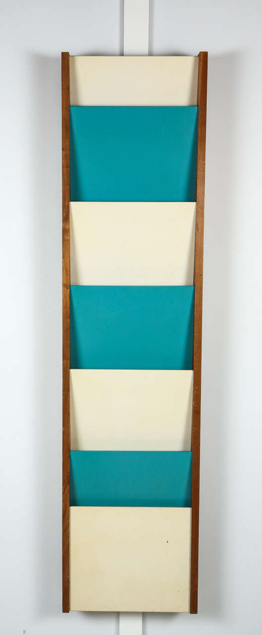 Bristol blue and oyster white 491 magazine rack with walnut sides by Leo DuVal for Peter Pepper Products, circa 1966.