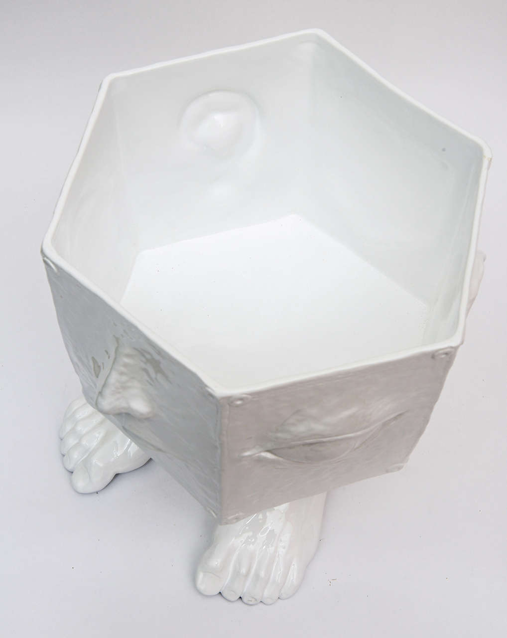 Modern Fantastic Italian White Lacquered Hexagon Glazed Ceramic Planter or Vase