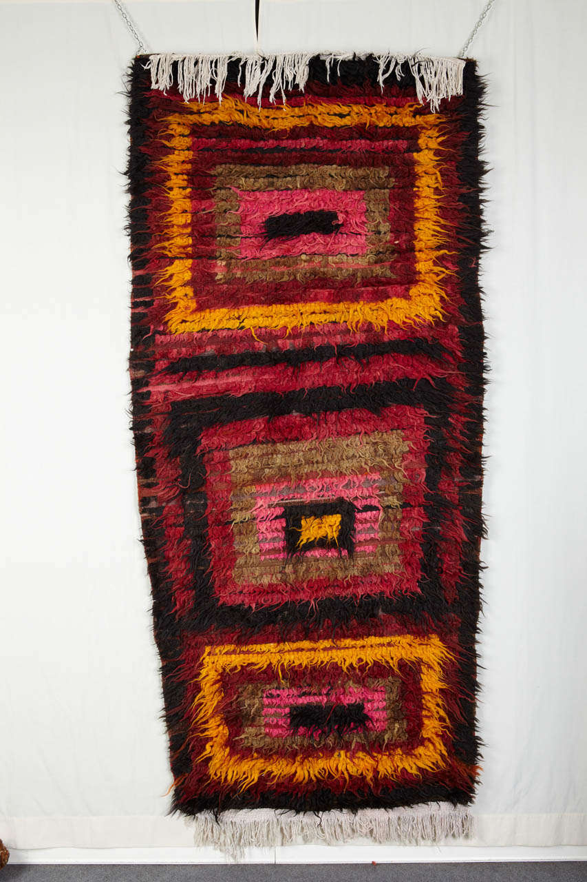 Zakatalas are long hair rugs of Eastern Anatolia, kind of tent bed, very typical within the Kurdish ethnicity present in this area north of Azerbaijan. Front side and back side as winter or summer bed, traditional pattern with square.