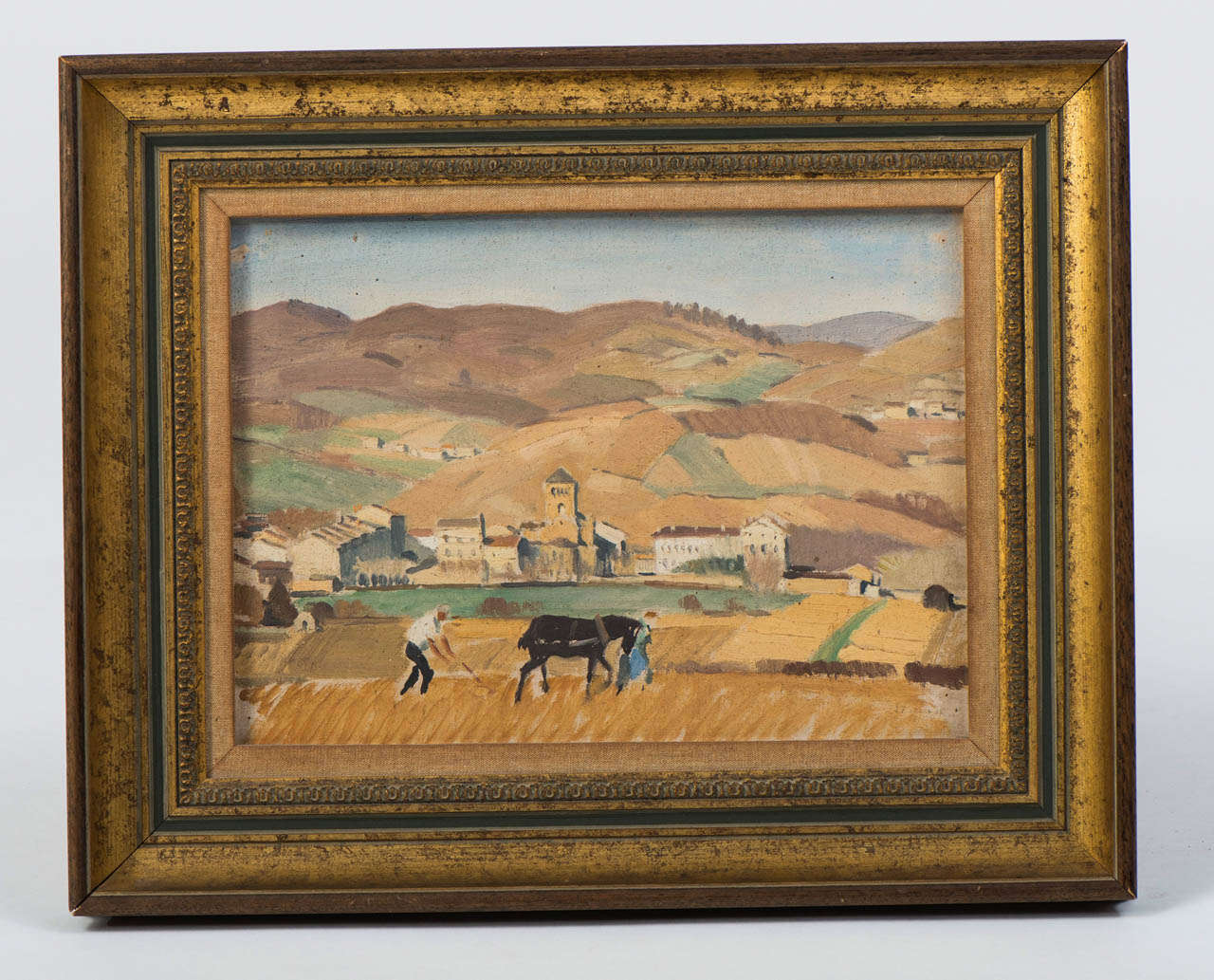 Adolphe Valette (1861-1942).  “Salles, Ploughing”
Oil painting on board.
Prov; Tib Lane Gallery, Manchester with copy of the original receipt dated 1971.
23cms x 29.5cms

Pierre Adolphe Valette (1876-1942) was born in St Etienne in 1876, he trained