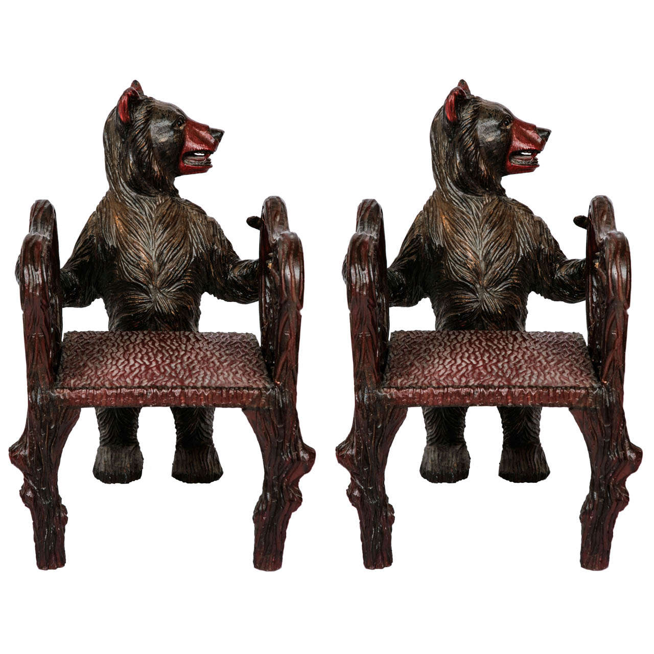 Pair of Black Forest Carved Wood Miniature Children's Armchairs
