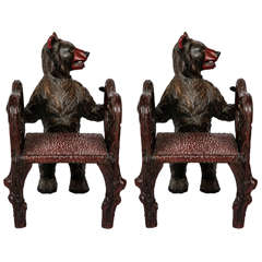 Pair of Black Forest Carved Wood Miniature Children's Armchairs