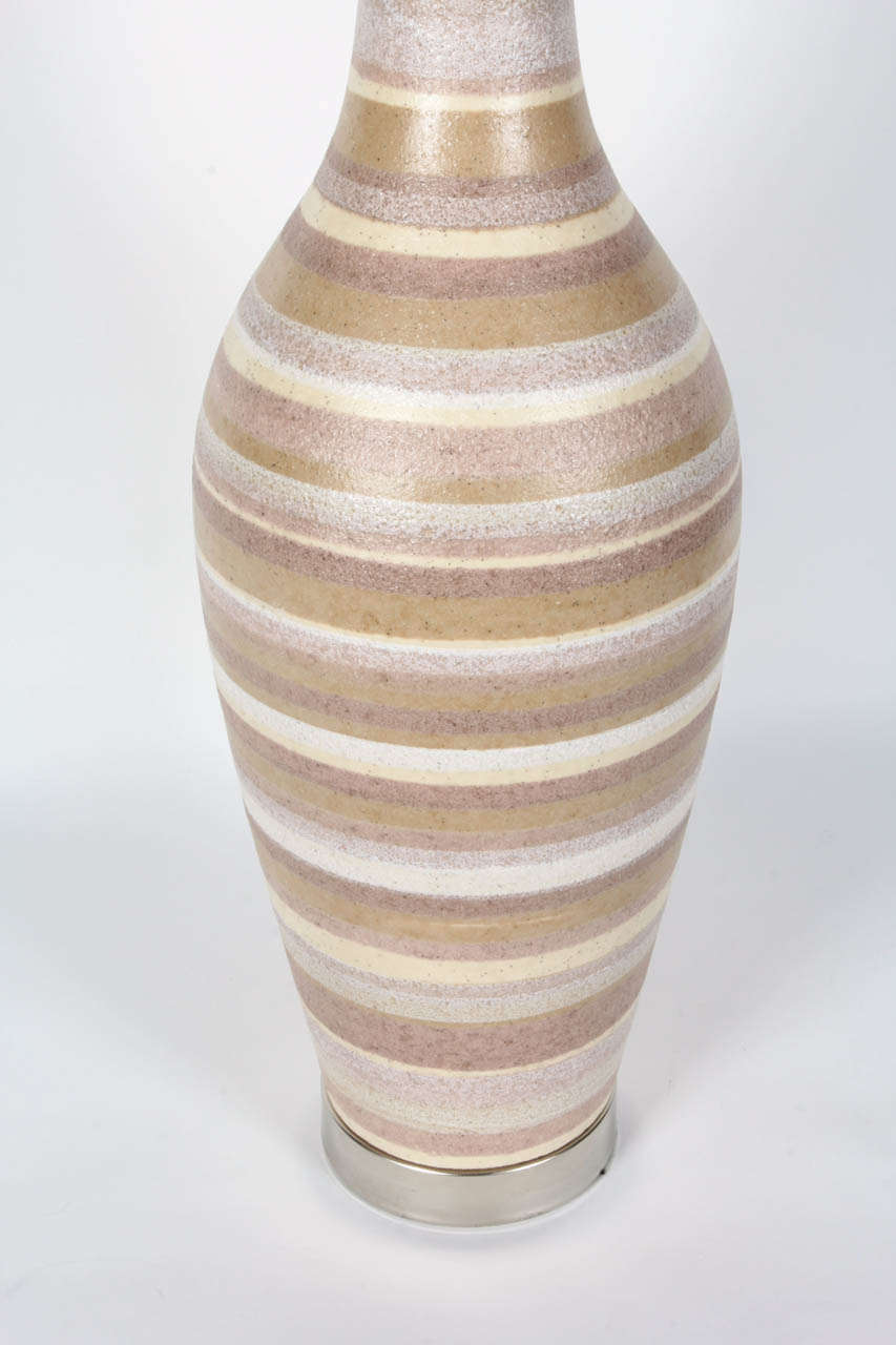 Mid-Century Modern Pair of Italian Tan and Gray Striped Ceramic Lamps