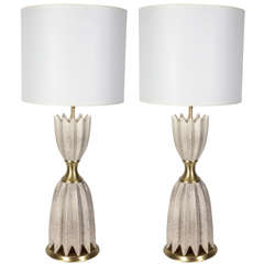 Pair of Fluted Ceramic & Brass Lamps by Gerald Thurston