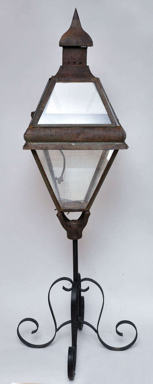 American Tole Post Lantern, circa 1860 with original surrounding oil font.