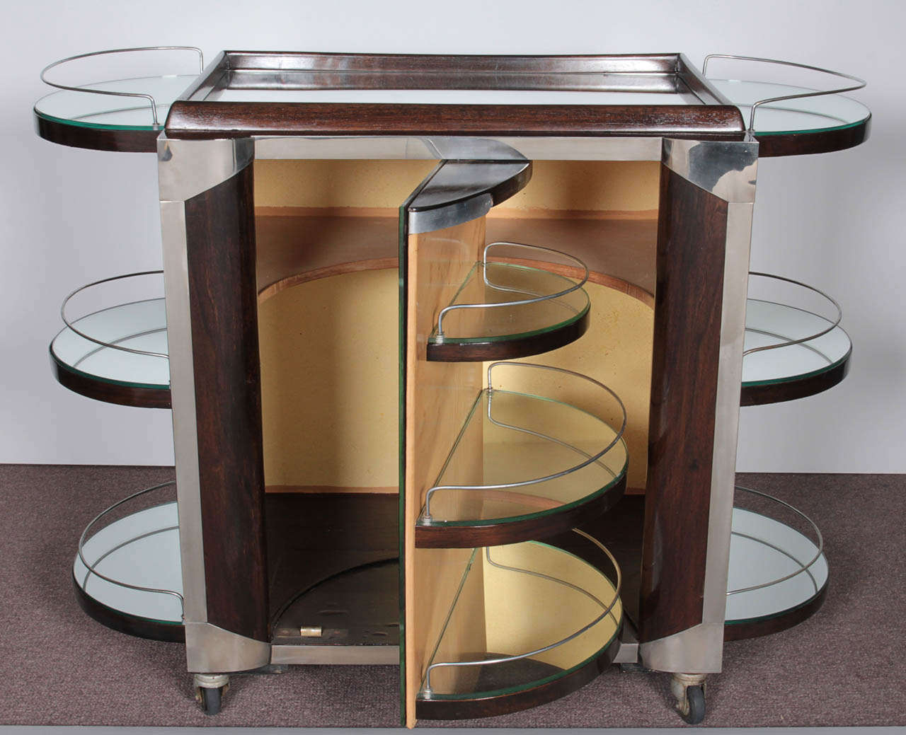 French Art Deco mirrored bar cart on wheels stamped Bar Tugas (modele depose) In Good Condition In New York City, NY