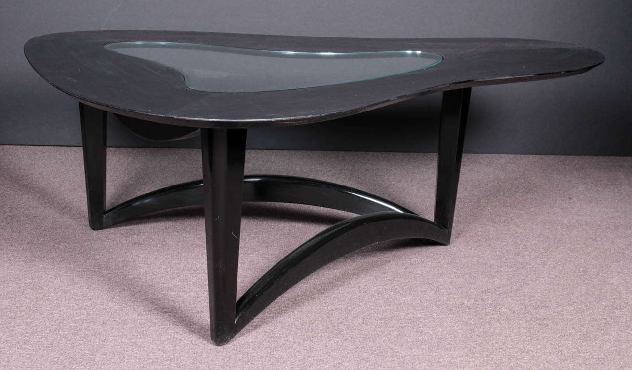 Mid century modern biomorphic, free form coffee table with glass inset