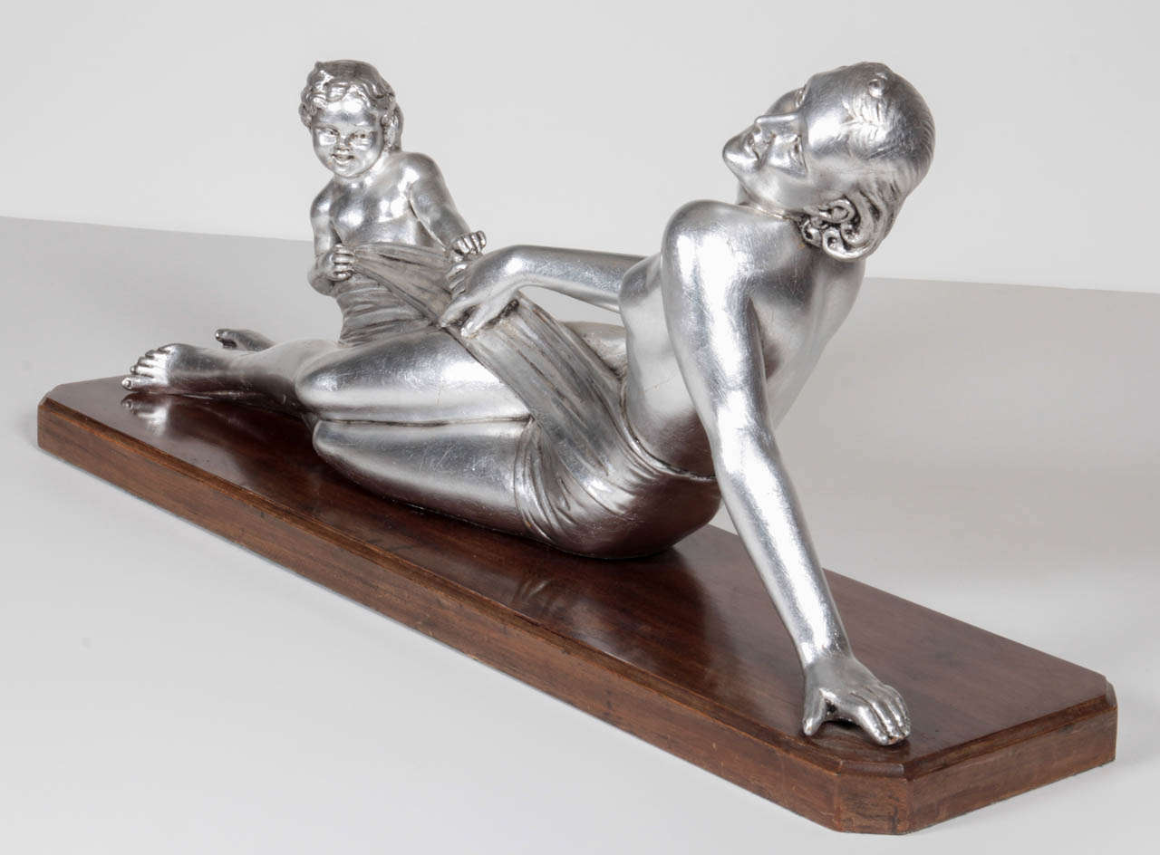 French Silver Leaf over Gesso Sculpture of a Mother and Child- A. Godard In Good Condition In New York City, NY