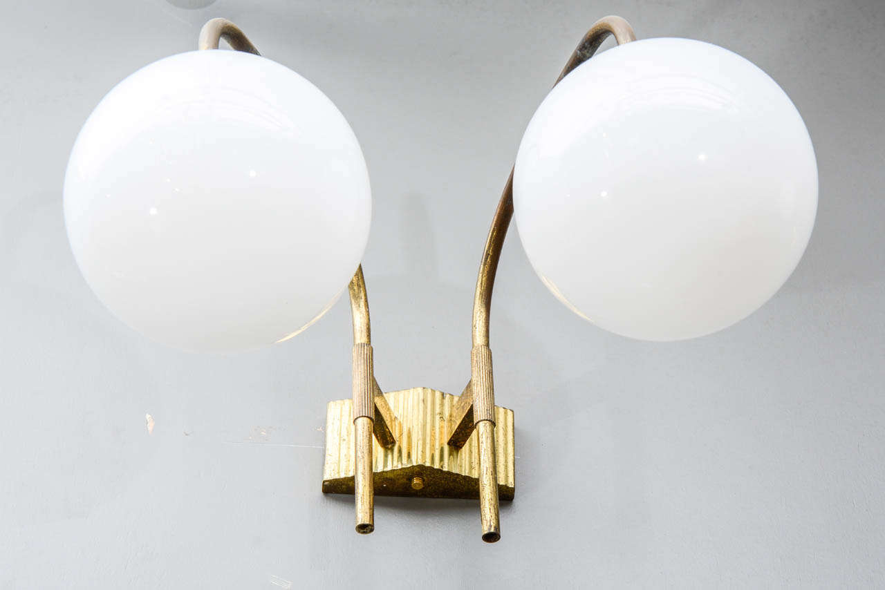 Mid-Century Modern Set of Six Brass and Glass Wall Sconces