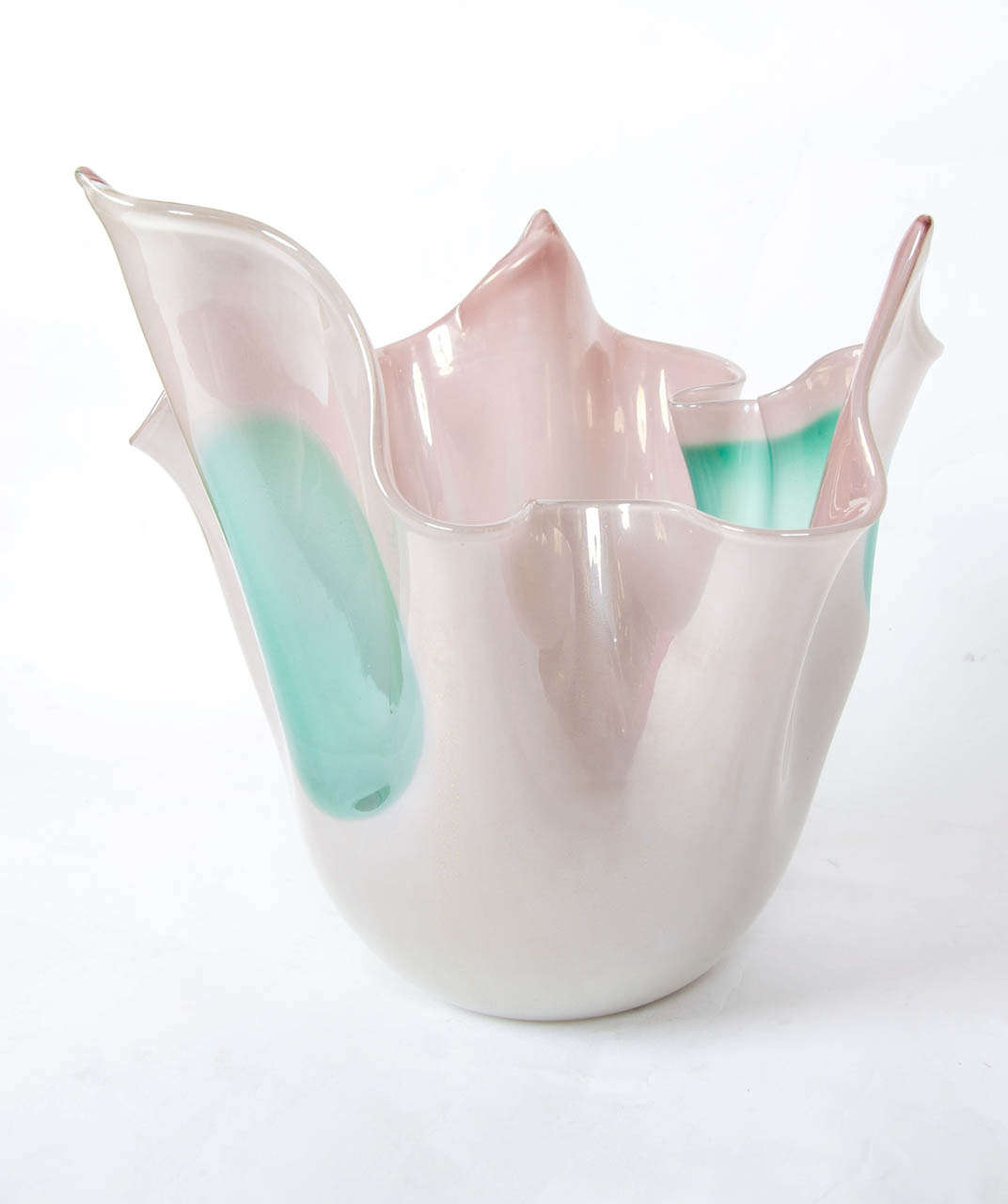 Pale pink and soft green vase beautifully sculpted in the Classic Venini 'handkerchief.'