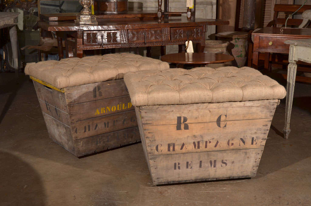 Early 20th c. Champagne Crates made into storage Boxes with Tufted Burlap tops that hinge open.  Great at the foot of a bed to store extra blankets, decorative pillows, place to put one's suitcase to unpack or as a side table.  VERY STURDY.