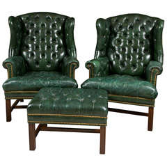 1950's Green Leather Tuffted Wing Chairs & Bench