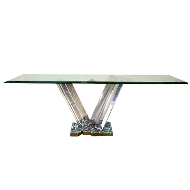 Great Lucite and Bronze Console Table, Artist Signed For Sale