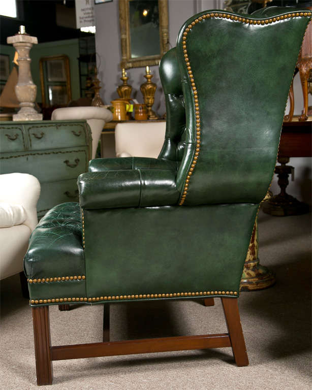 1950's Green Leather Tuffted Wing Chairs and Bench at 1stdibs
