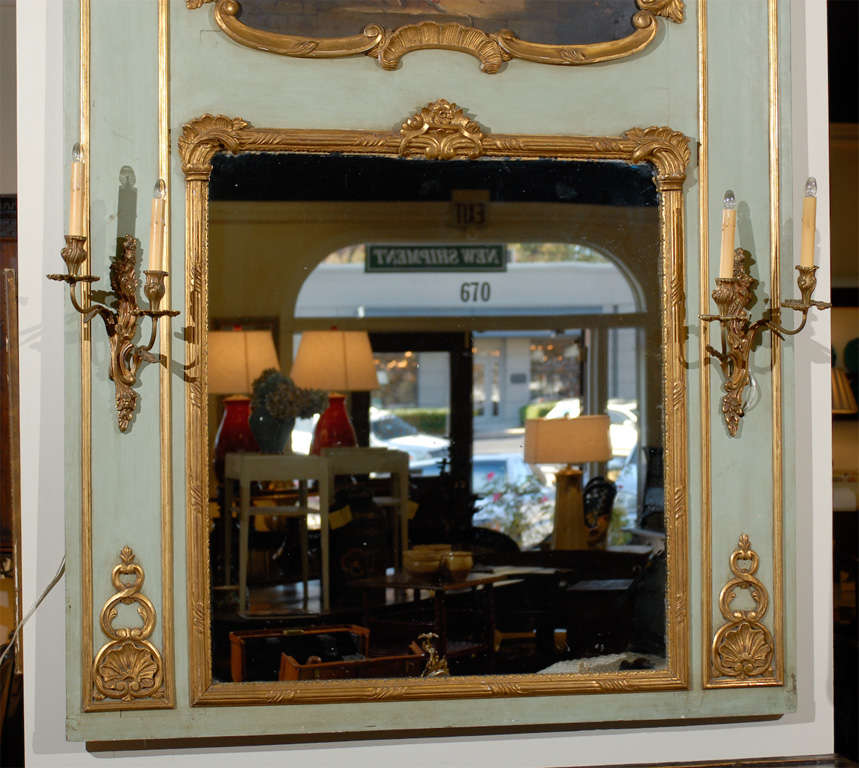 Wood 19th Century French Trumeau Mirror With Sconces