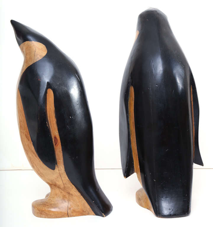 Wood Very Large Pair of Art Deco Penguin Sculptures