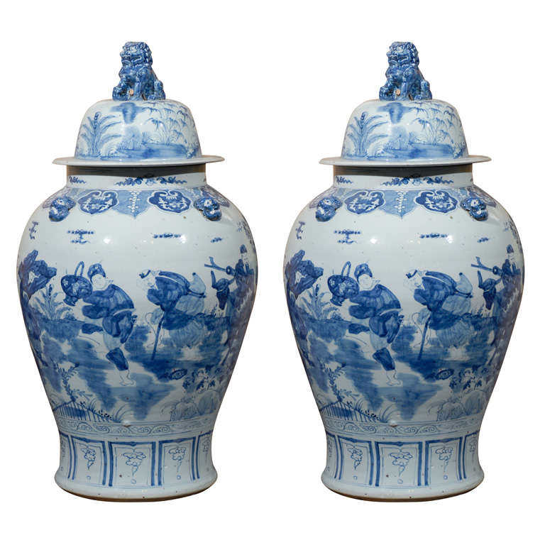Blue and White Vases with Lids at 1stdibs