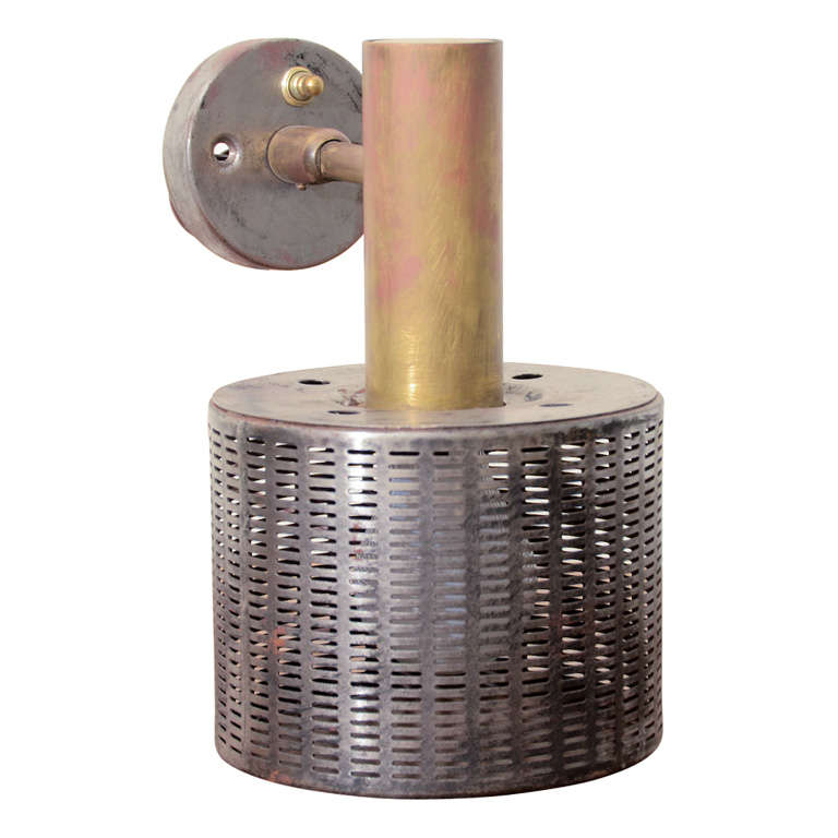 Industrial Wall Sconce in Brass and Perforated Steel