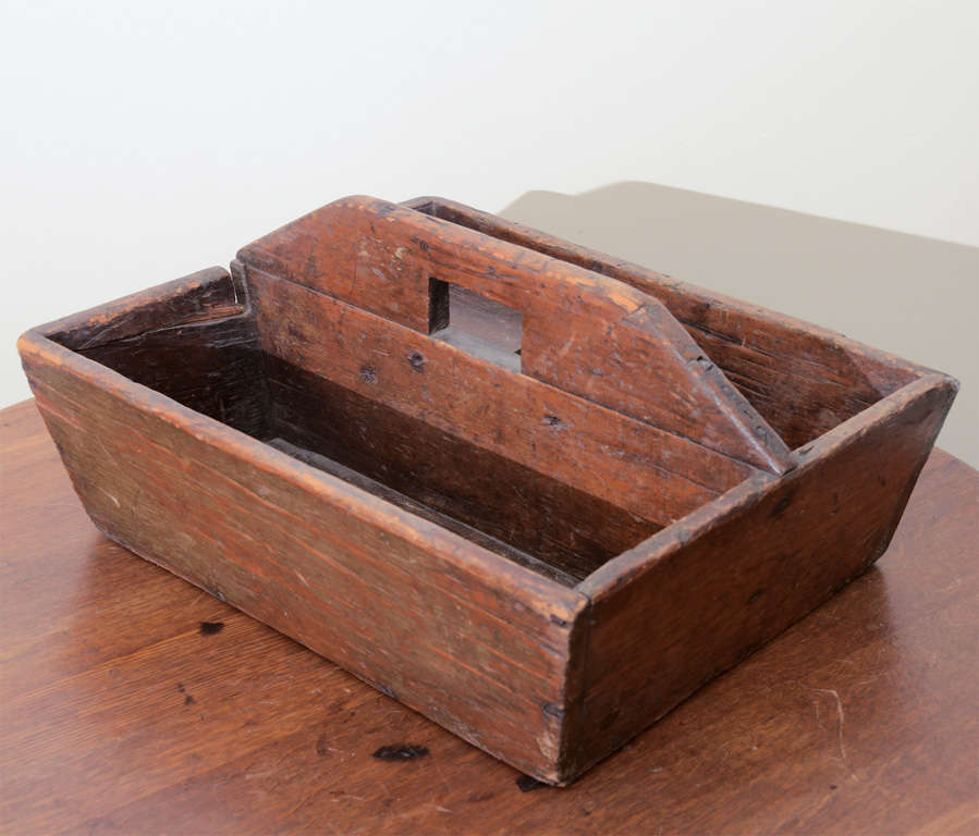 Rustic Wooden Caddy with Handle. Wood is in beautiful rustic condition. One side has a divider piece which is attached.