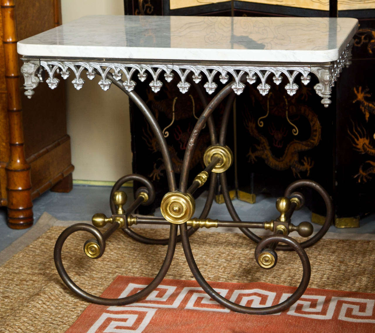 Victorian Bakers Table with Iron Base and Marble Top