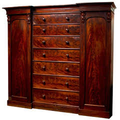 Antique 19th c. English Flame Mahogany 7 Drawer Chest Flanked by Two Cupboards