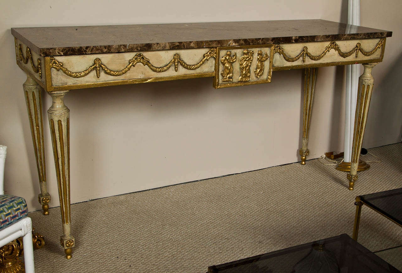 Neoclassical Style Marble Topped Painted and Gilt Console Table In Good Condition In Stamford, CT