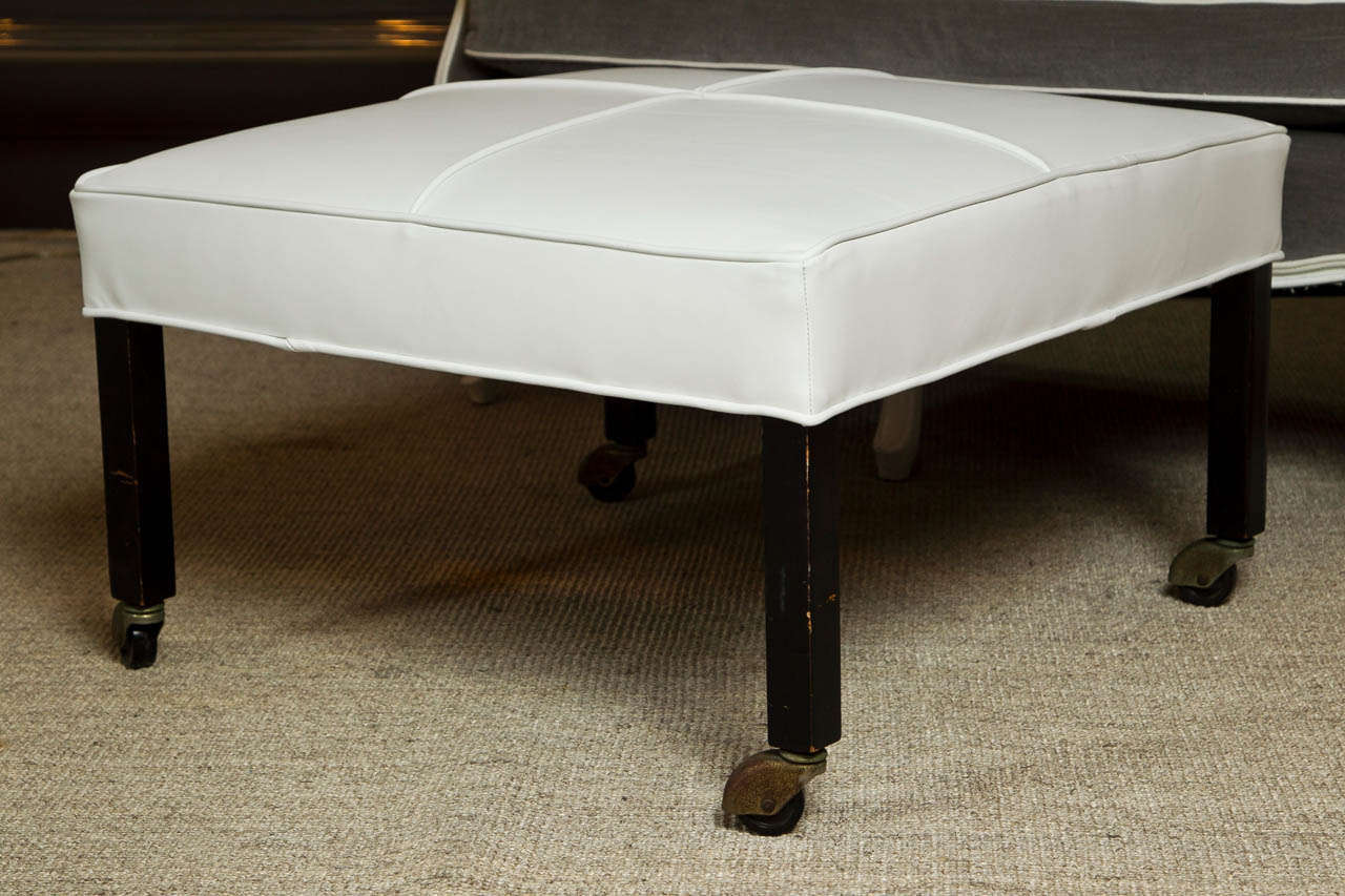 Pair of Mid-century Ottomans in White Leather on Squared Legs