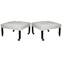 Pair of Mid-century Ottomans in White Leather on Squared Legs