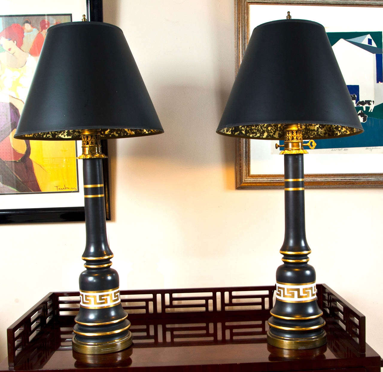 Pair of Black Glass Lamps with Hand Painted Greek Key Motif