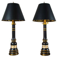 Pair of Black Glass Lamps with Hand Painted Greek Key Motif