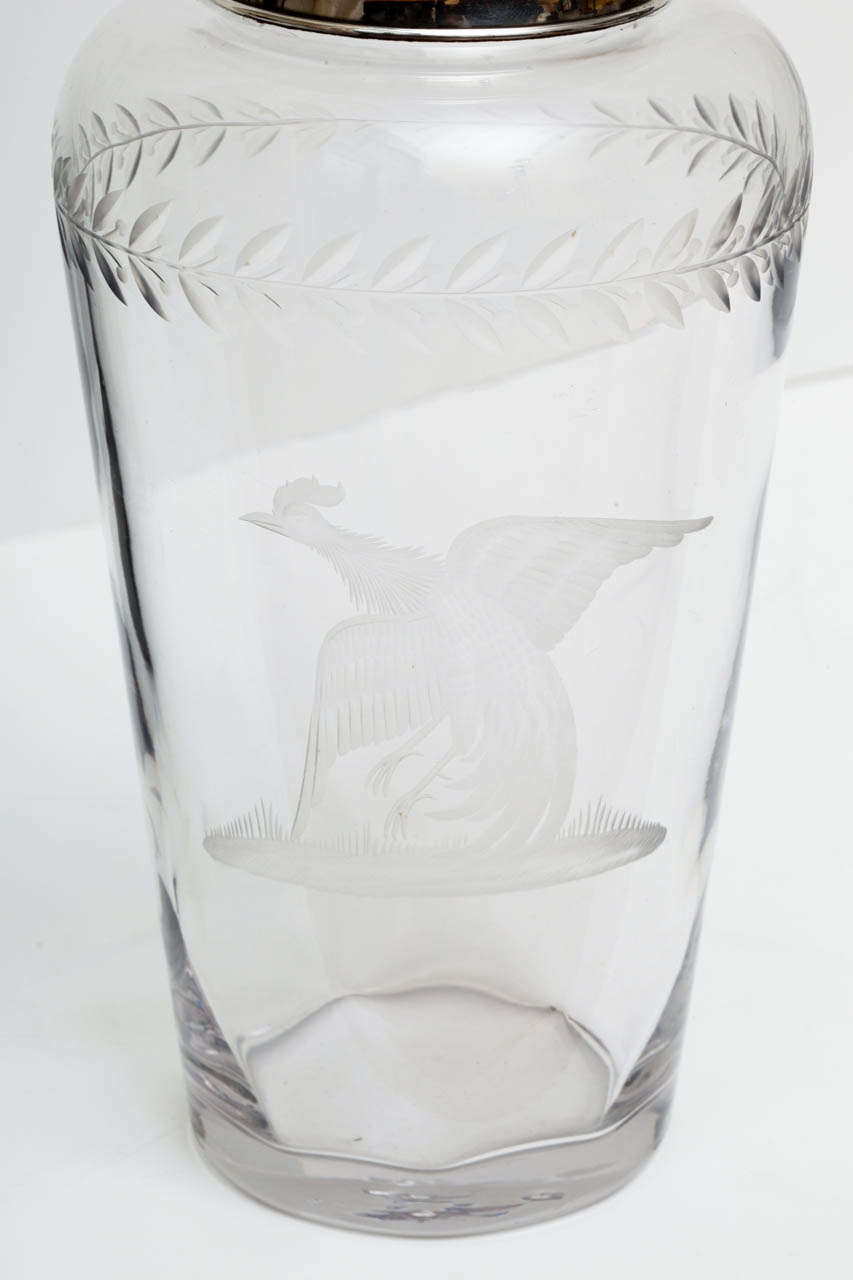 Art Deco Large Sterling Silver and Cut Glass Cockerel Shaker by Hawkes