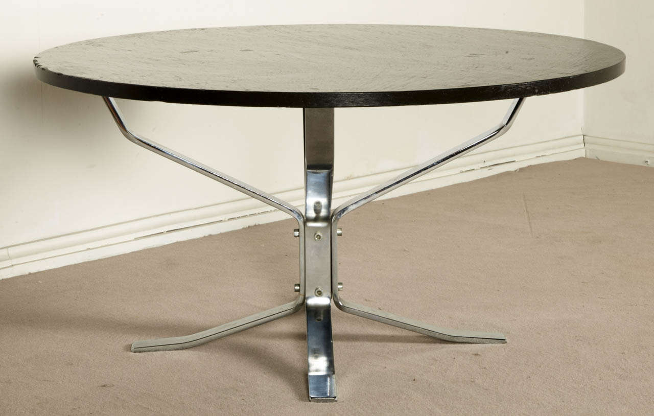 Circa 1970 round coffee table by Sigurd Ressel. Chrome steel legs and dark slate top.