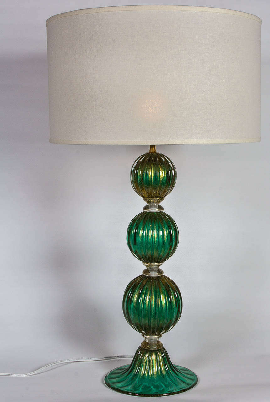 Mid-Century Modern Pair of Emerald Green and 23k Gold Murano Glass Lamps