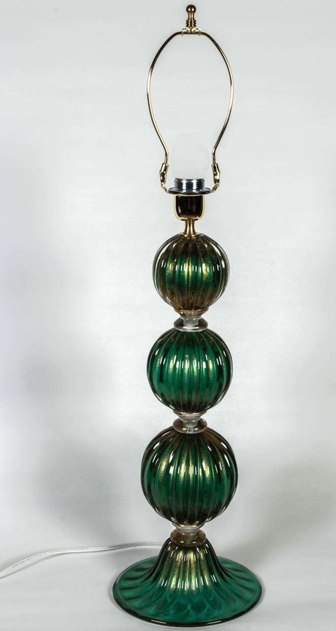 Italian Pair of Emerald Green and 23k Gold Murano Glass Lamps