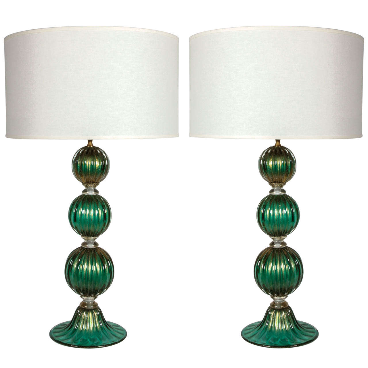 Pair of Emerald Green and 23k Gold Murano Glass Lamps