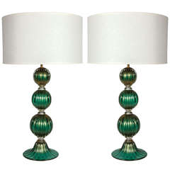 Pair of Emerald Green and 23k Gold Murano Glass Lamps